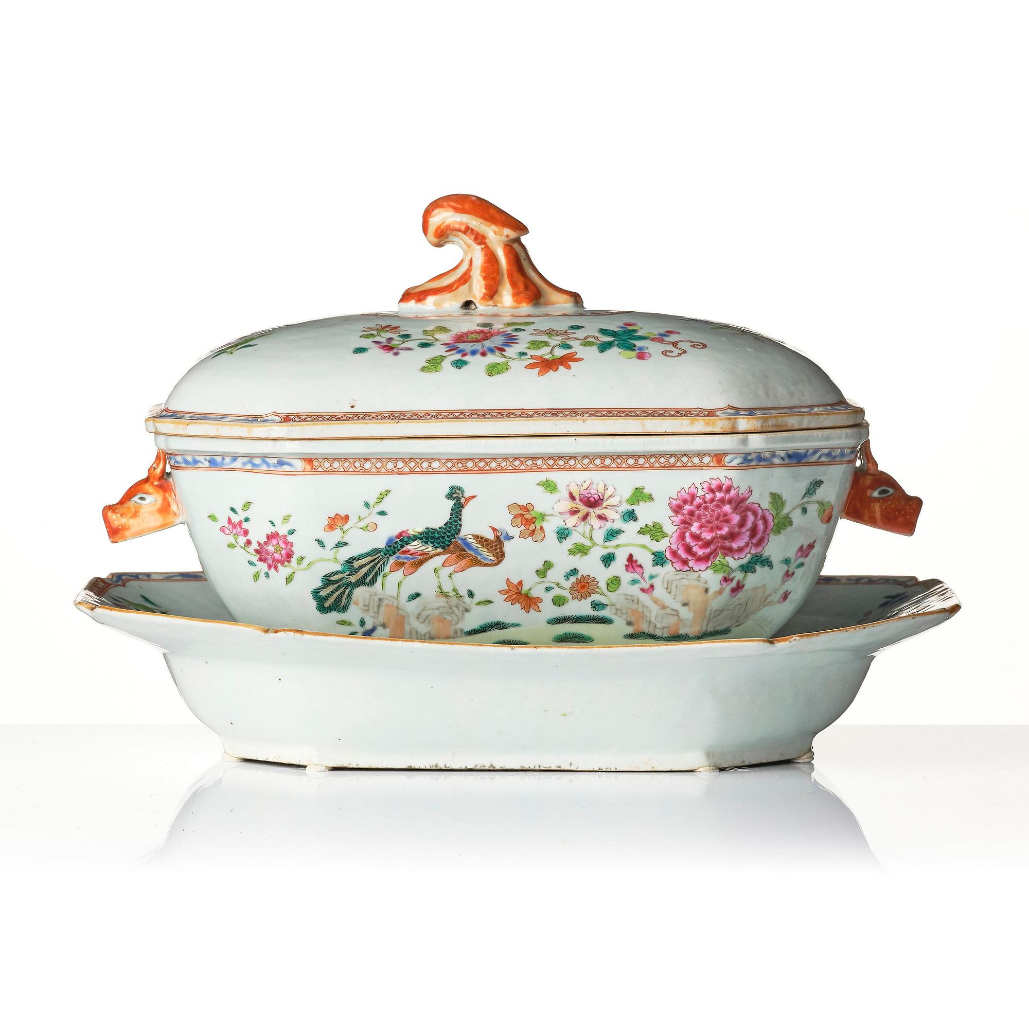 A famille rose 'double peacock' tureen with cover and stand, Qing dynasty, Qianlong (1736-95).