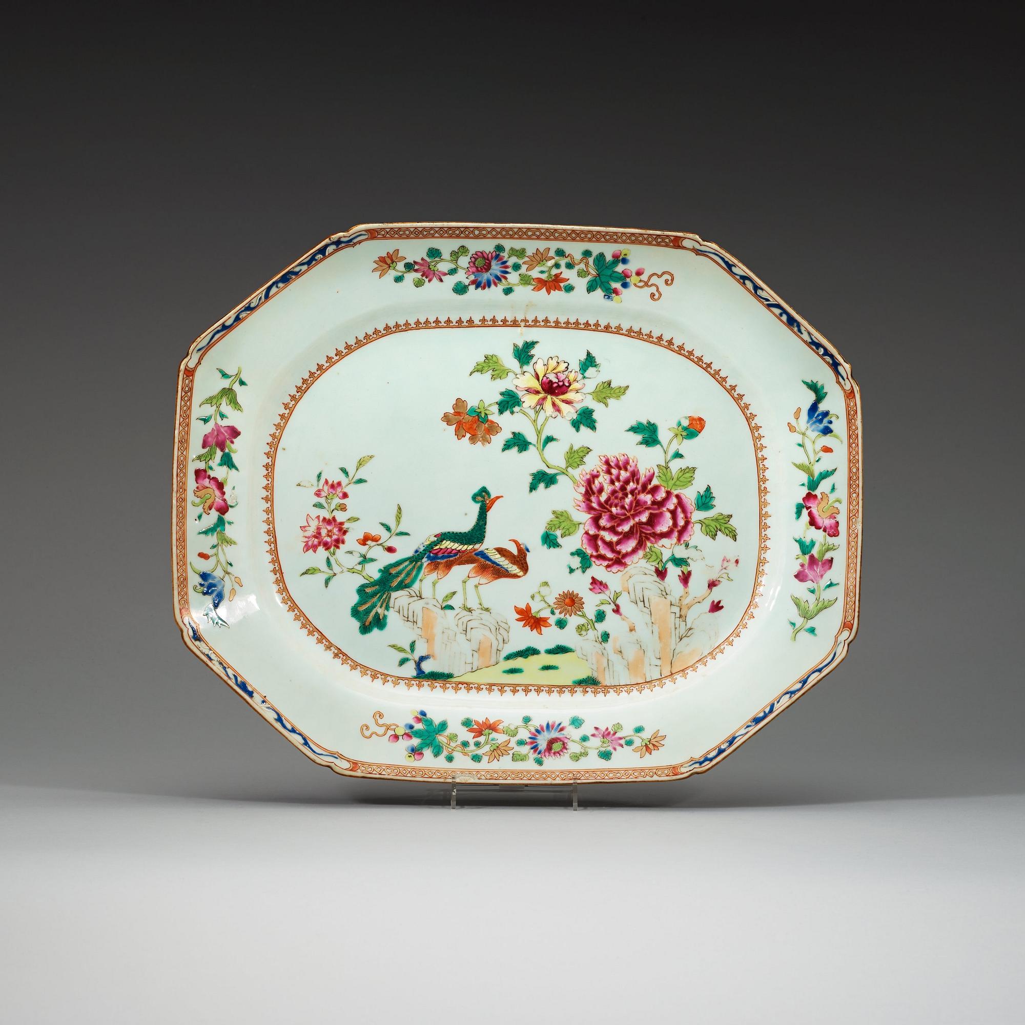 A famille rose 'double peacock' serving dish, Qing dynasty, Qianlong (1736-95).