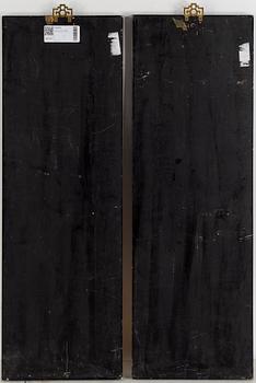 A pair of Chinese wooden panels with stone inlays.