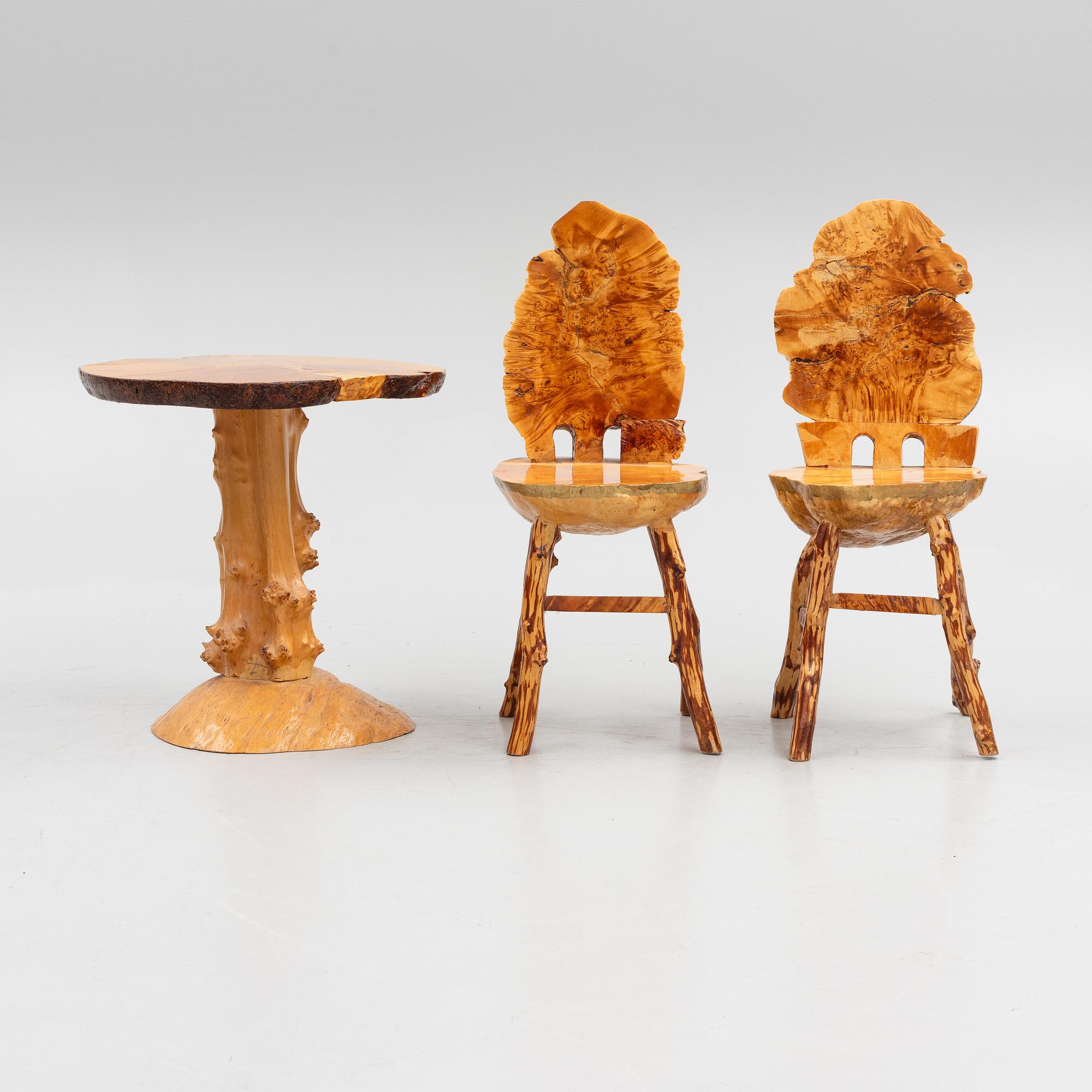 A burl table and a pair of burl chairs, Sweden, 20th century.