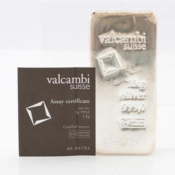 Silver bar 1kg 999 Valcambi Suisse.