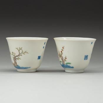 A pair of famille verte Month cups, presumably Republic. With Kangxi six characters mark.