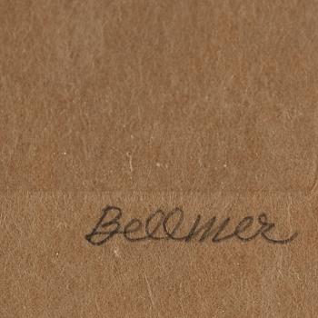 HANS BELLMER, torrnål och akvarell på brunt papper, 1969, signerad med blyerts.