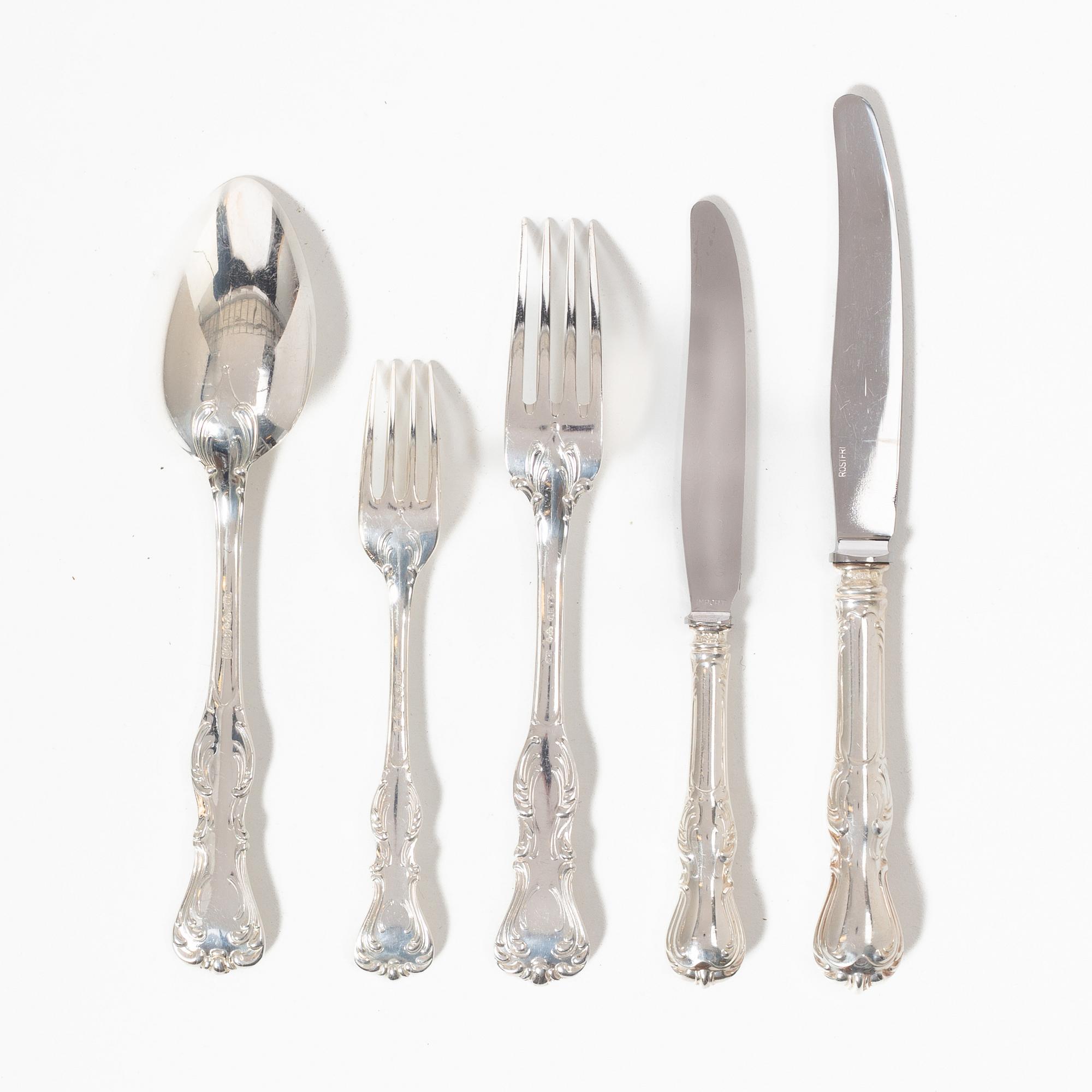 Bestickuppsättning, 60 delar, silver, modell "Olga", GAB och CG Hallberg, Stockholm, bl a 1953.