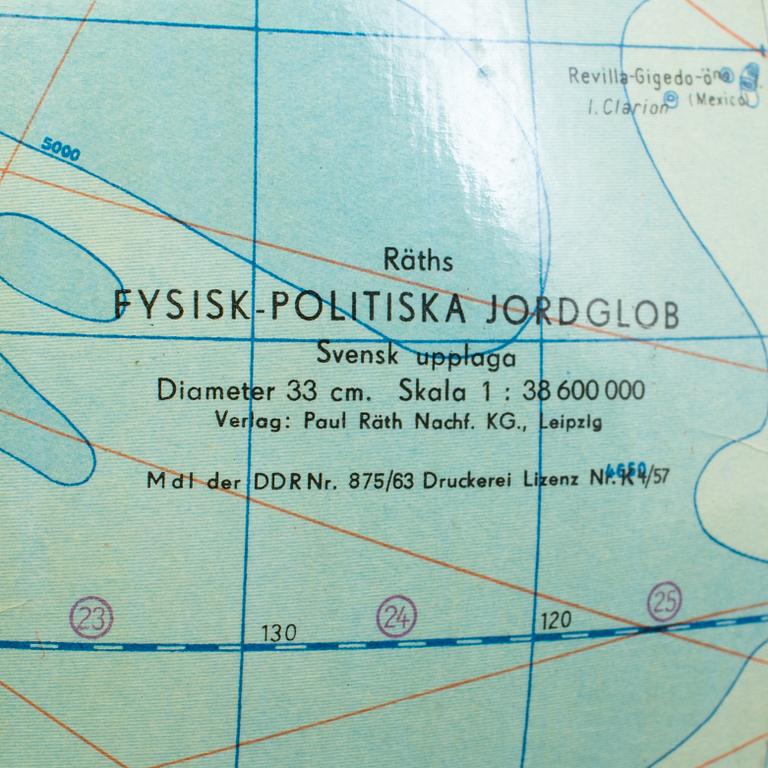 JORDGLOB, Räths Fysisk-politiska jordglob, Leipzig, omkring 1900-talets mitt.