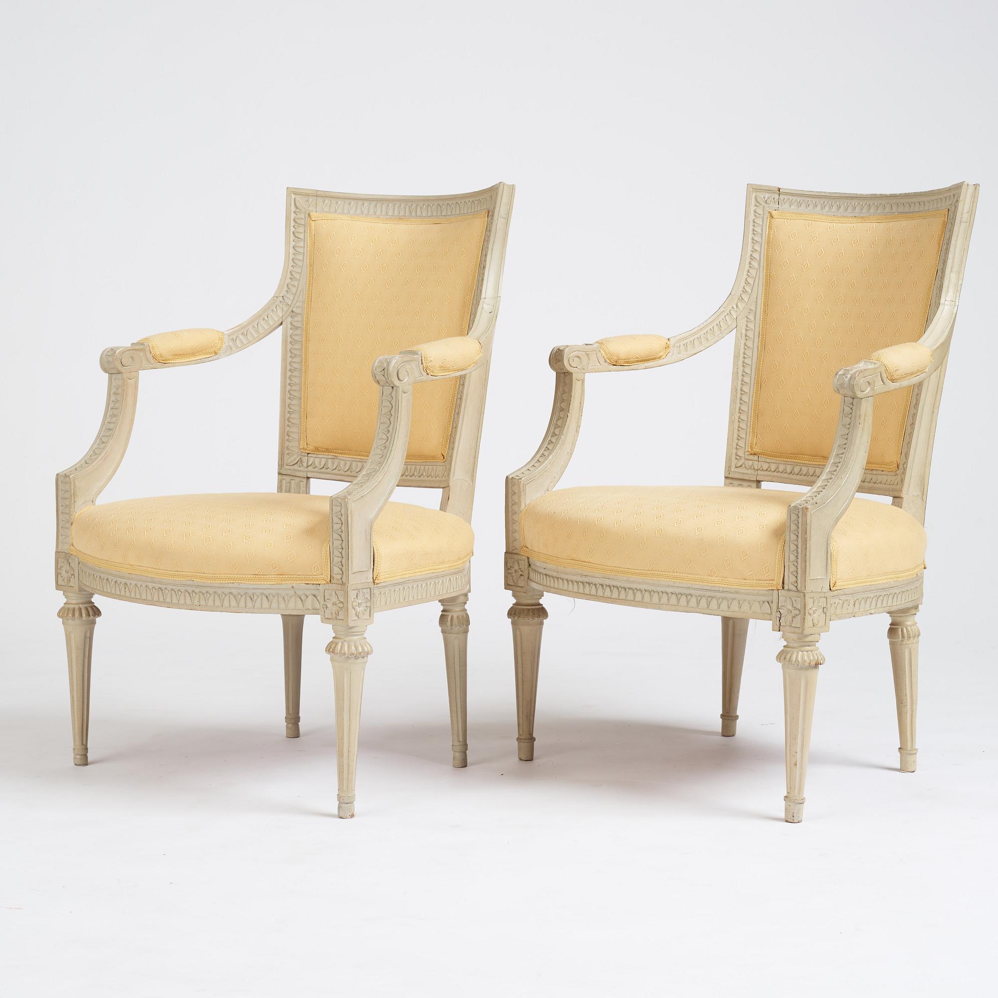 A matched pair of Gustavian armchairs, one signed by Johan Lindgren Stockholm.