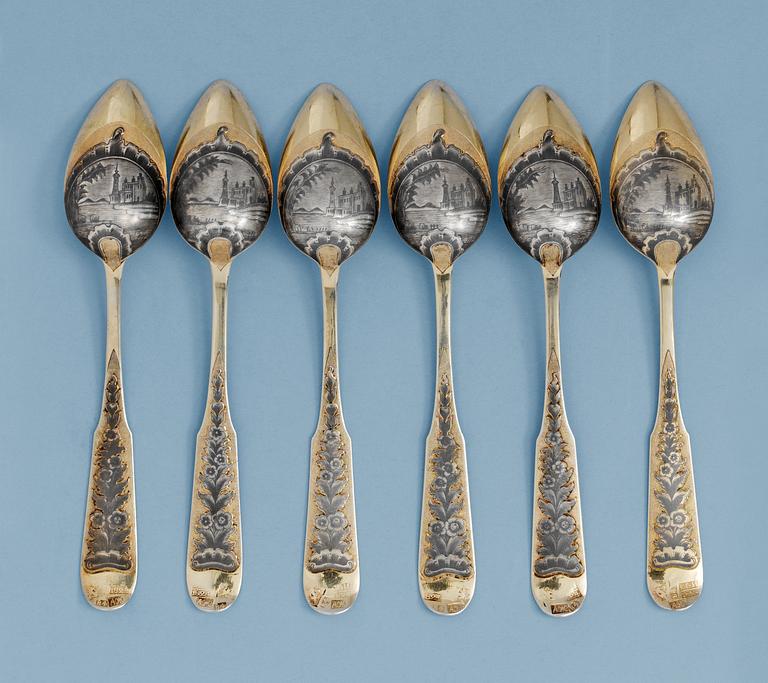 A SET OF SIX RUSSIAN SILVER-GILT AND NIELLO TEA-SPOONS, makers mark of Alexander Zhillin, Viliki-Oustiug 1824.