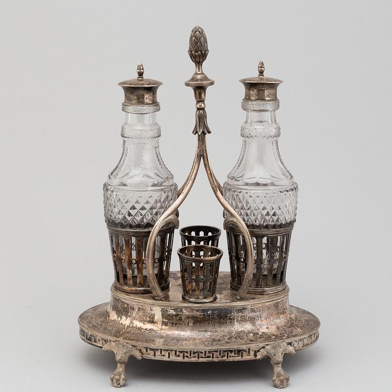 A later part of the 18th century Gustavian cruet-set, argent hacé.