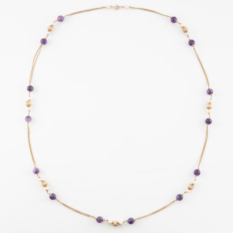 Necklace 14K gold with pearls and amethysts, Austria, Vienna.