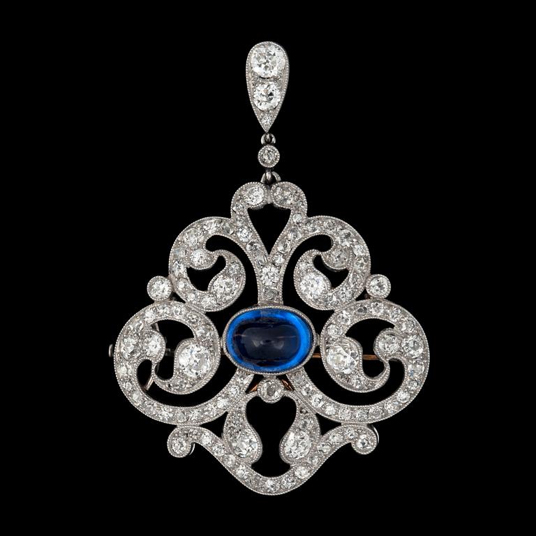 A cabochon cut sapphire and old cut diamonds brooch app. tot. 3.00 cts.