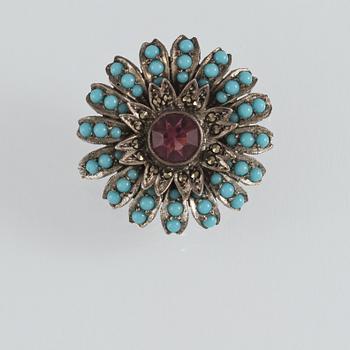 BROSCH, silver med lila och turkost glas samt markasiter, importstämplad, 1900-talets mitt. Vikt 9.0 g.