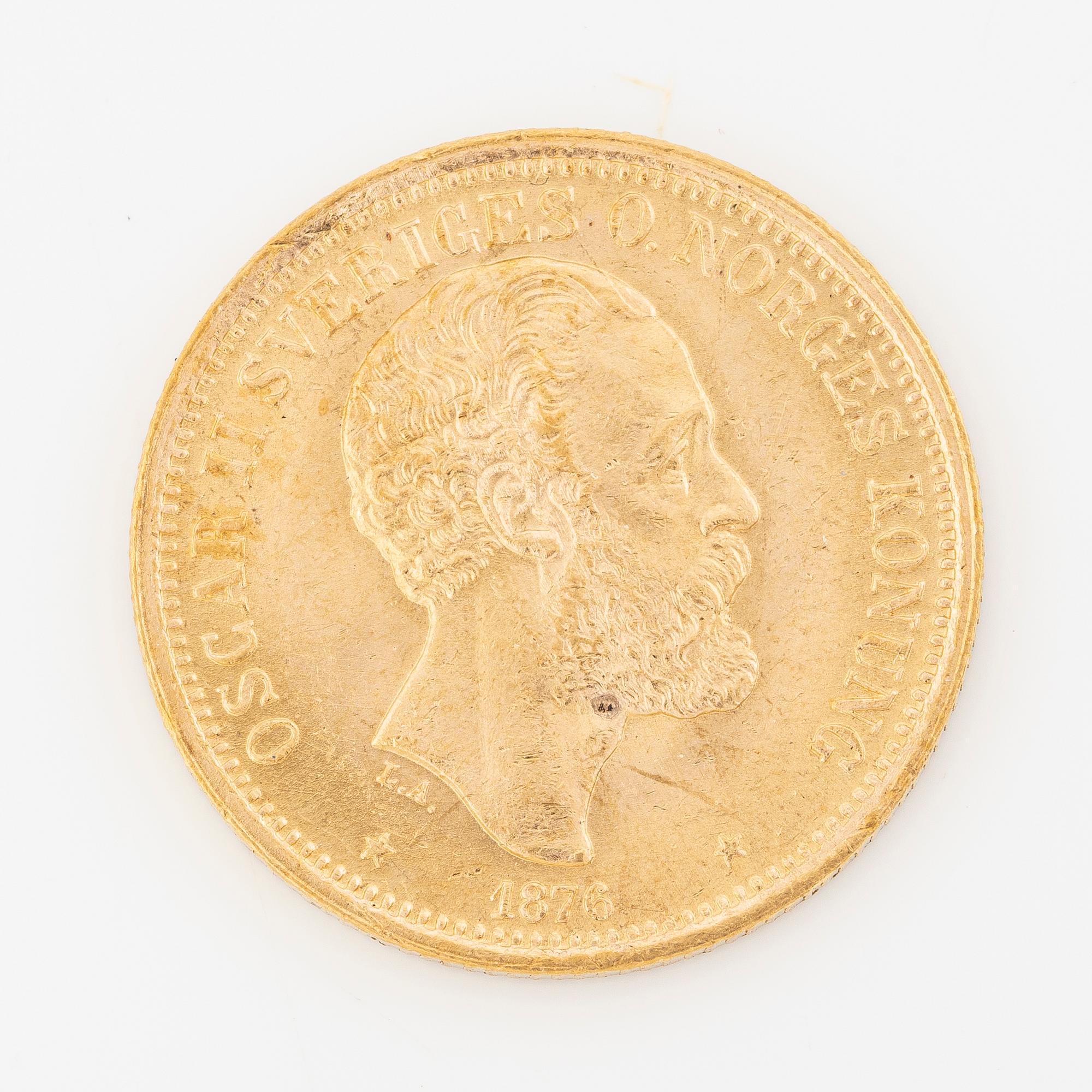 Guldmynt, Oscar II, 20 kronor, typ I, Sverige 1876.