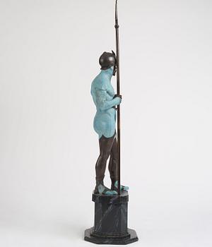 A bronze sculpture of a man in armour, late 19th century.