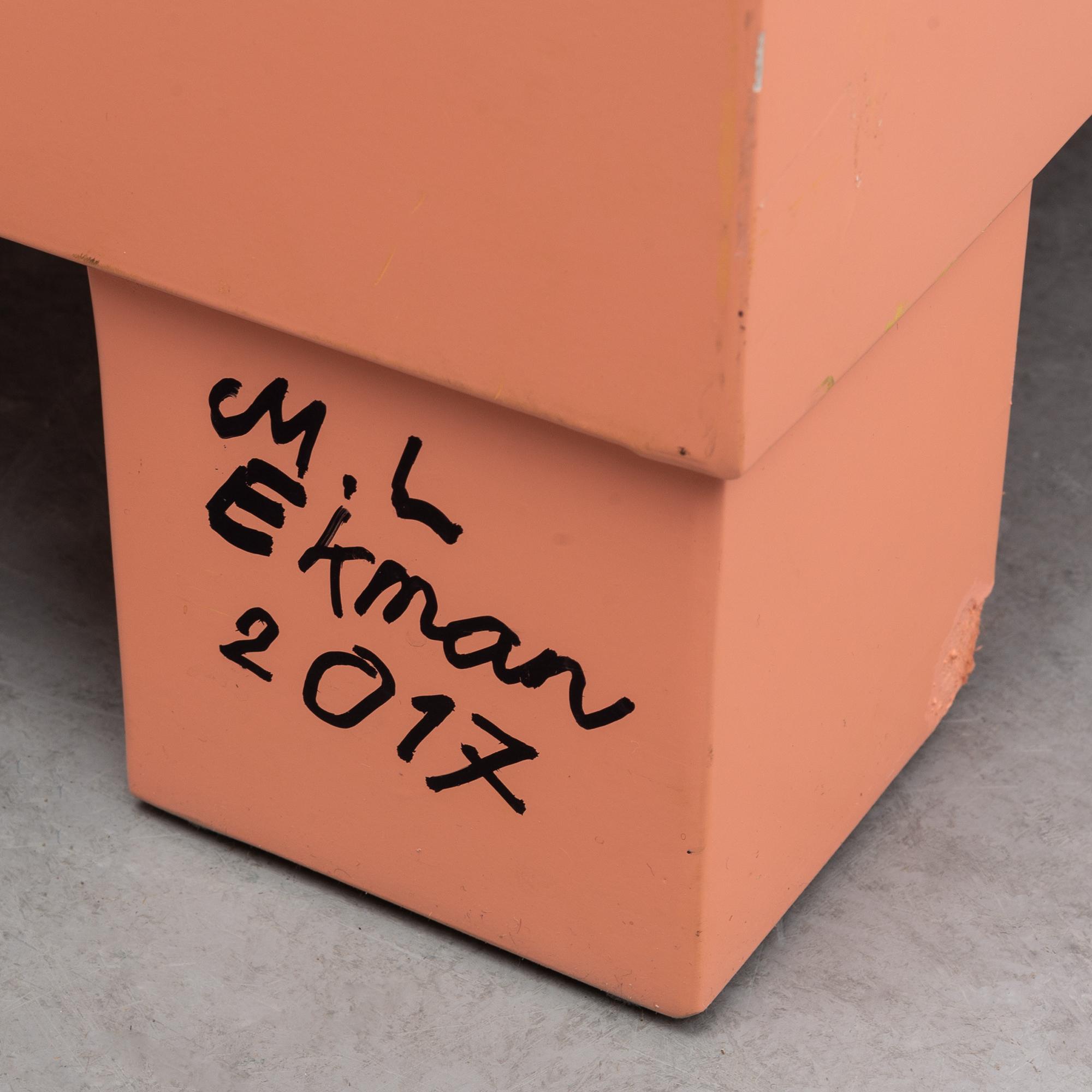 Marie-Louise Ekman, a bench/sofa, executed for the Marie-Louise Ekman exhibition at Moderna Museet, Stockholm 2017.