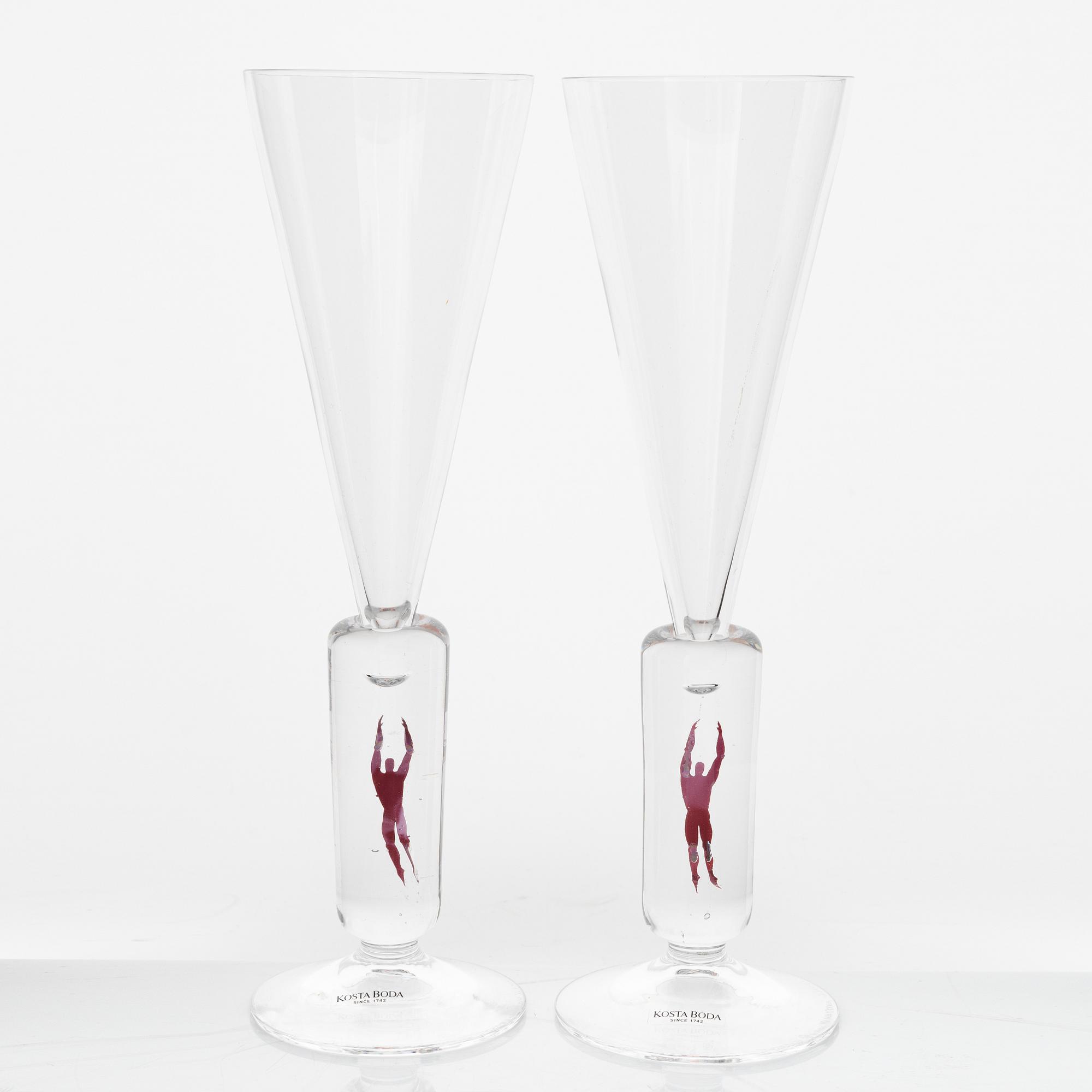 Bertil Vallien, six 'Millenium' champagne glasses, Kosta Boda.