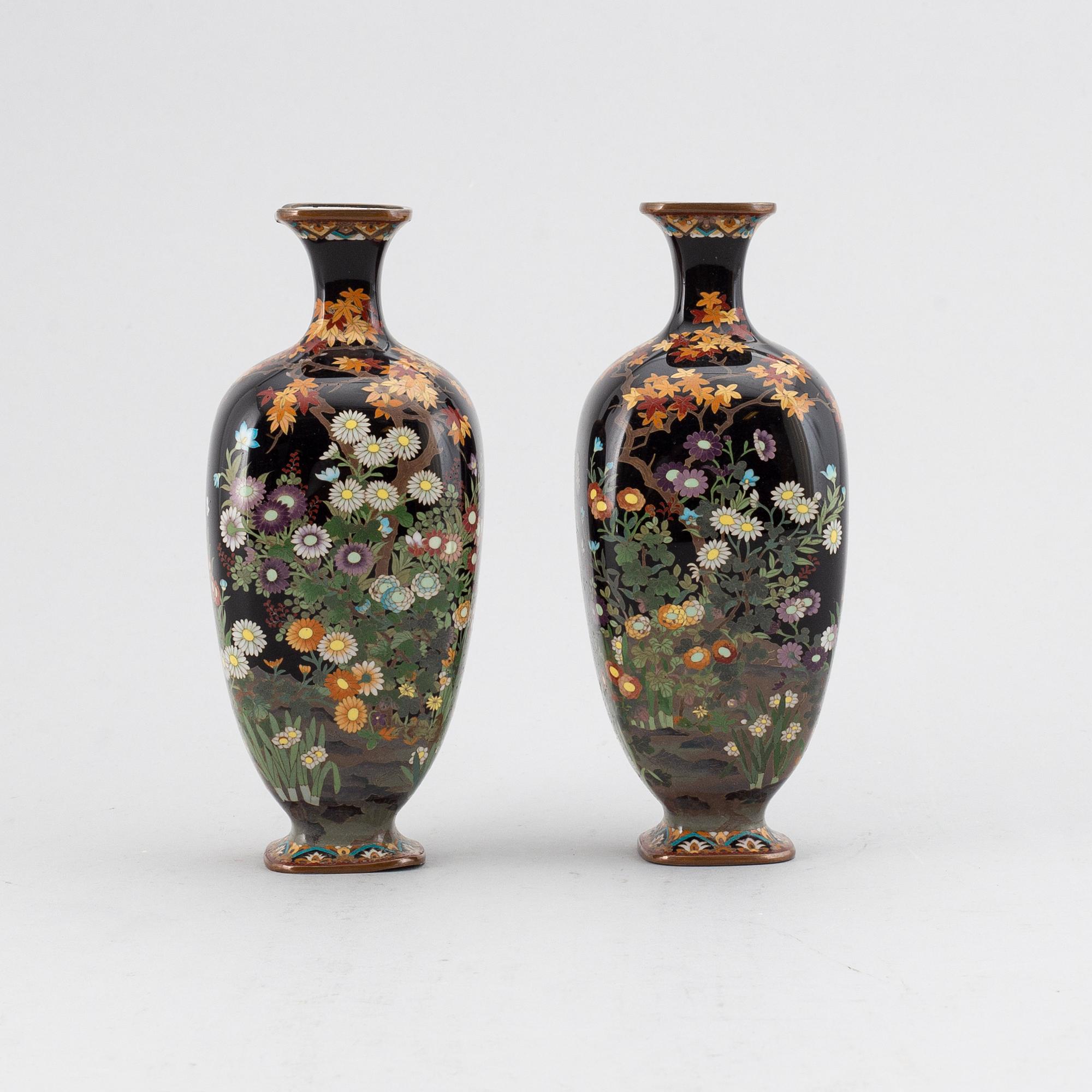 A pair of Japanese enamel on copper vases, Meiji (1868-1912).