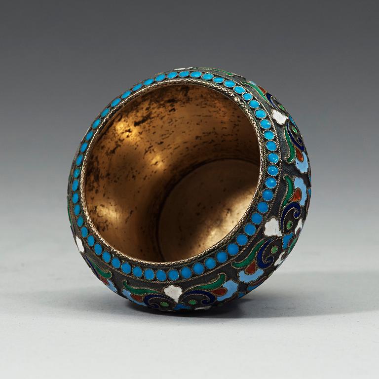 A Russian late 19th century silver-gilt and enamel salt, marks of Pyetr Baskakov, Moscow.