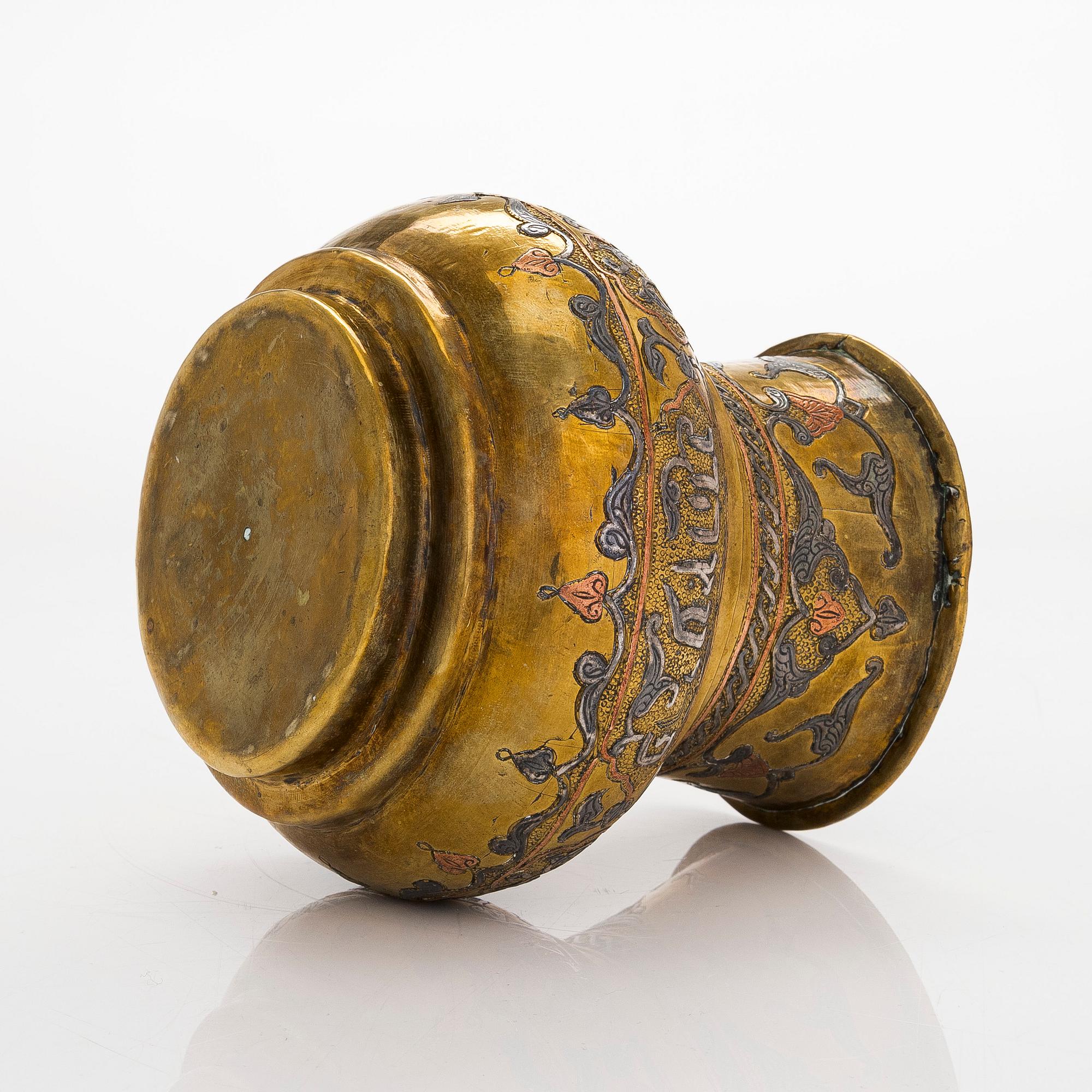 A Judaica vase in brass, copper and silver. Cairo ware with hebrew text. Egypt/Syria, turn of the 19th/20th century.