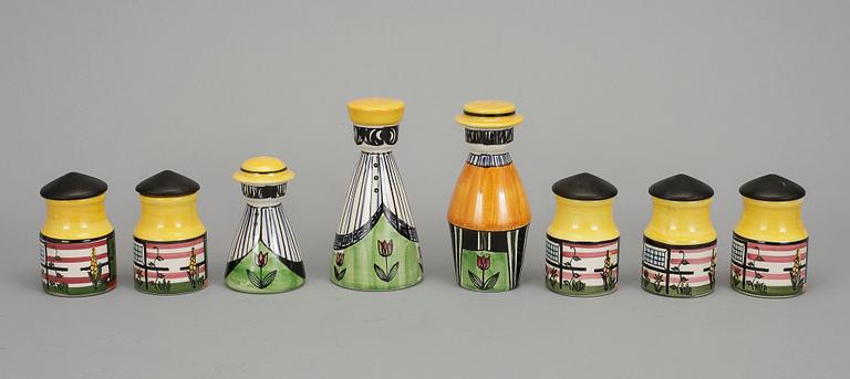 SALT, PEPPARKAR, samt KRYDDBURKAR, 8 delar, flintgods, Anita Nylund, JIE Gantofta, 1900-talets andra hälft.