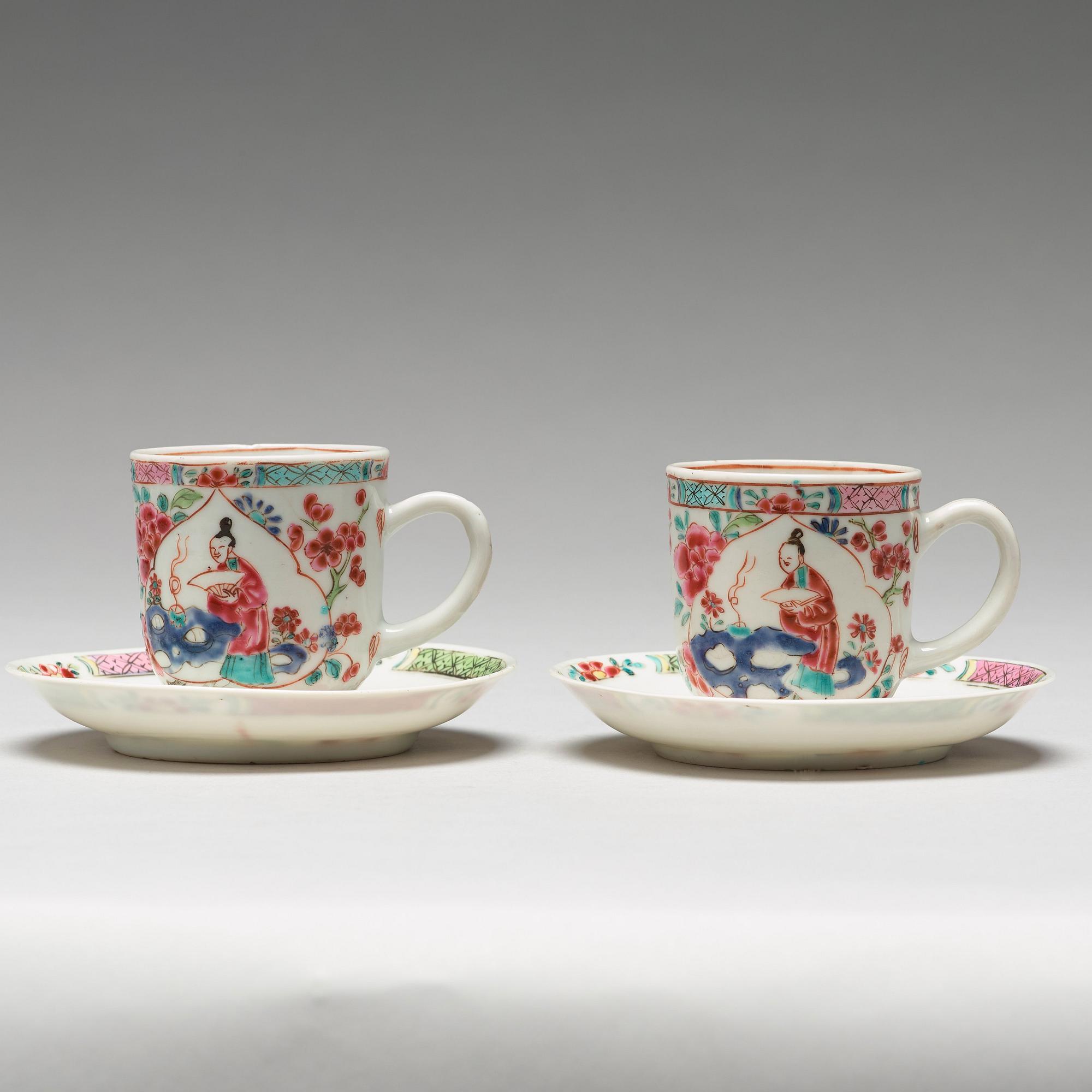 A pair of famille rose cups with dishes, Qing dynasty, Yongzheng (1723-35).