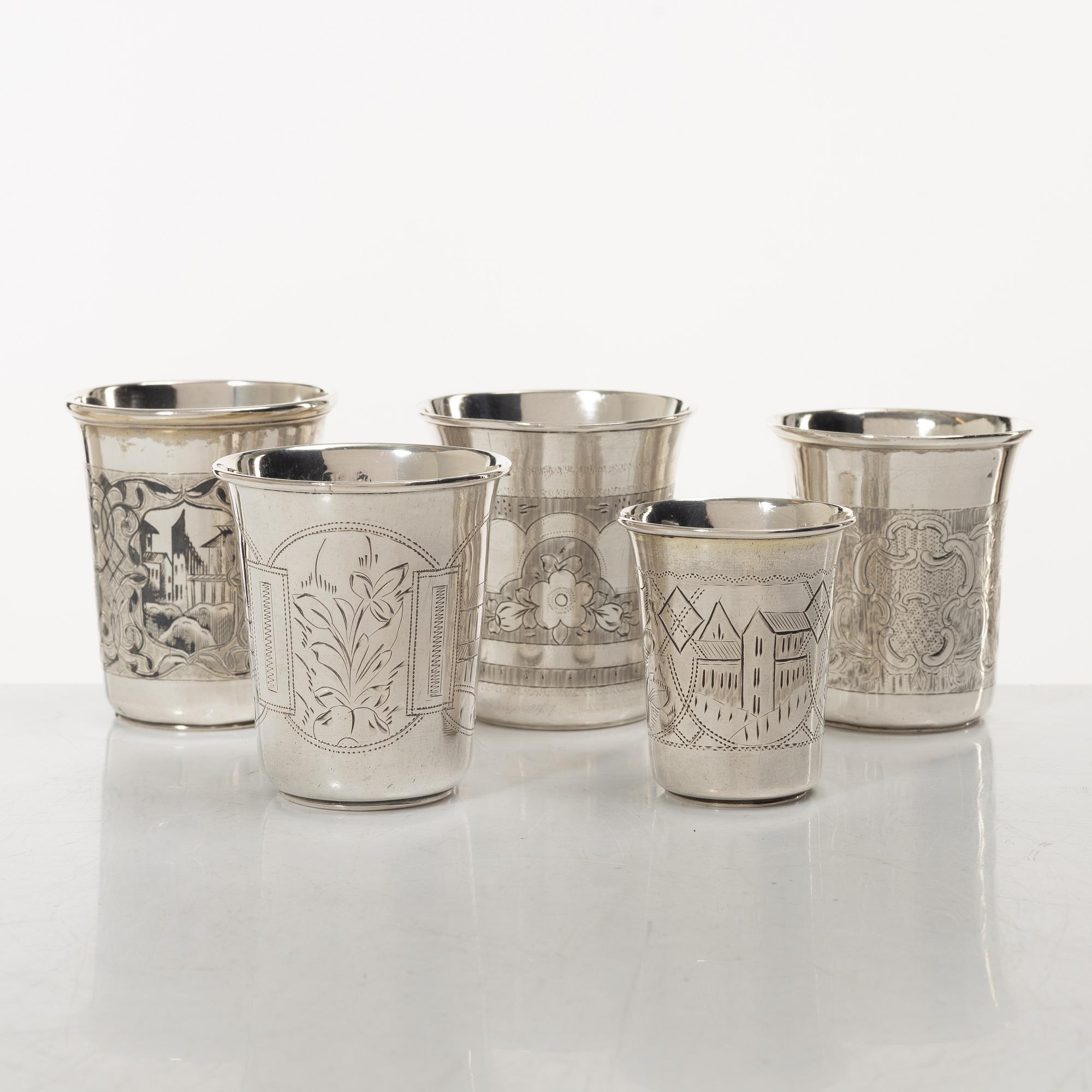 Bägare, 5 st, silver, Ryssland, 1800/1900-tal.