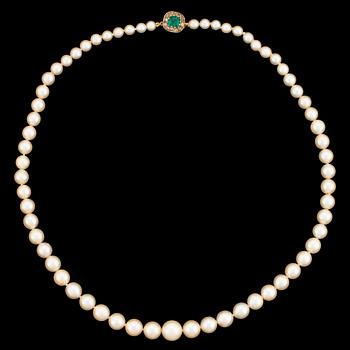Cultured calibrated pearl necklace, clasp with emerald and old-cut diamonds.