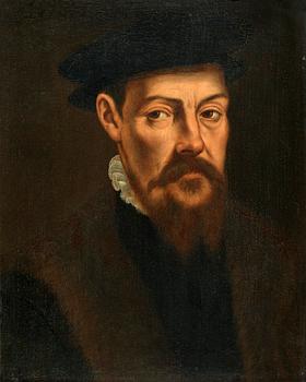 369. Pieter Jansz. Porbus Hans efterföljd, Porträtt av man i svart hatt och pälsbrämad rock.