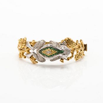 RANNEKORU, 18K valko- ja keltakultaa, timantteja n. 2.74 ct yht, vihreitä granaatteja, keltaisia safiireja.