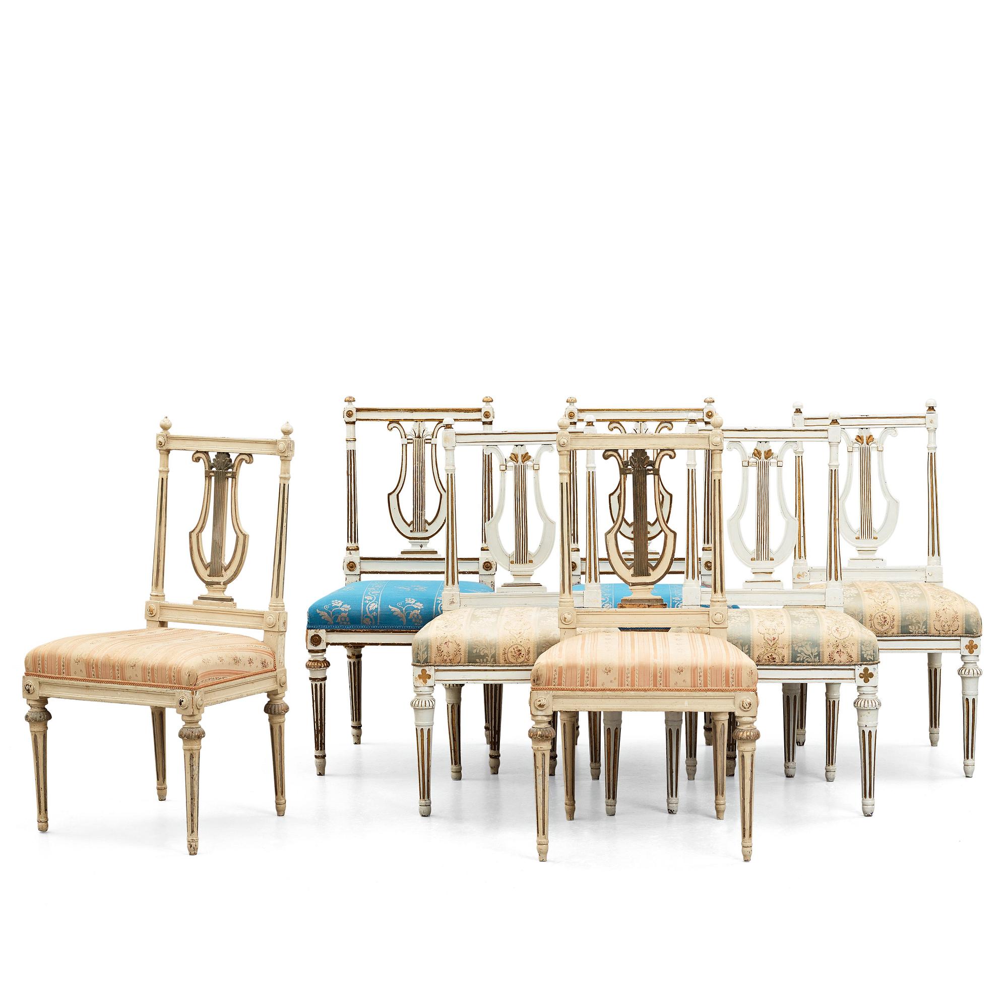 STOLAR, sju stycken (3+2+2), av Erik Öhrmark (mästare i Stockholm 1777-1813), gustavianska, 1700-talets slut.