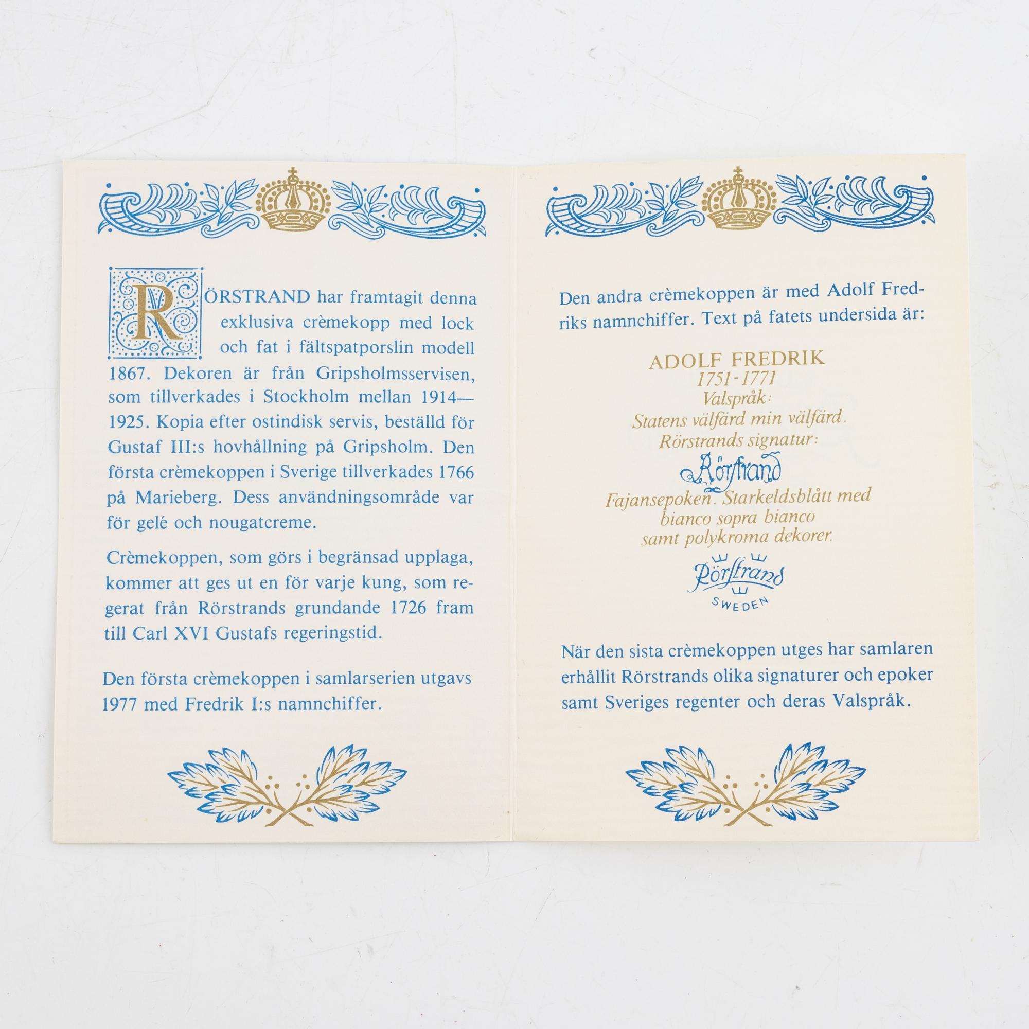 Crèmekoppar med lock och fat, 12 st, porslin, Rörstrand, 1900-talets andra hälft.