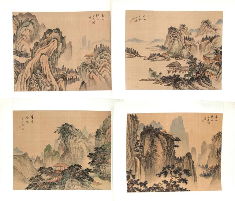 Four Chinese paintings, ink and colour on silk, 20th century, signed.
