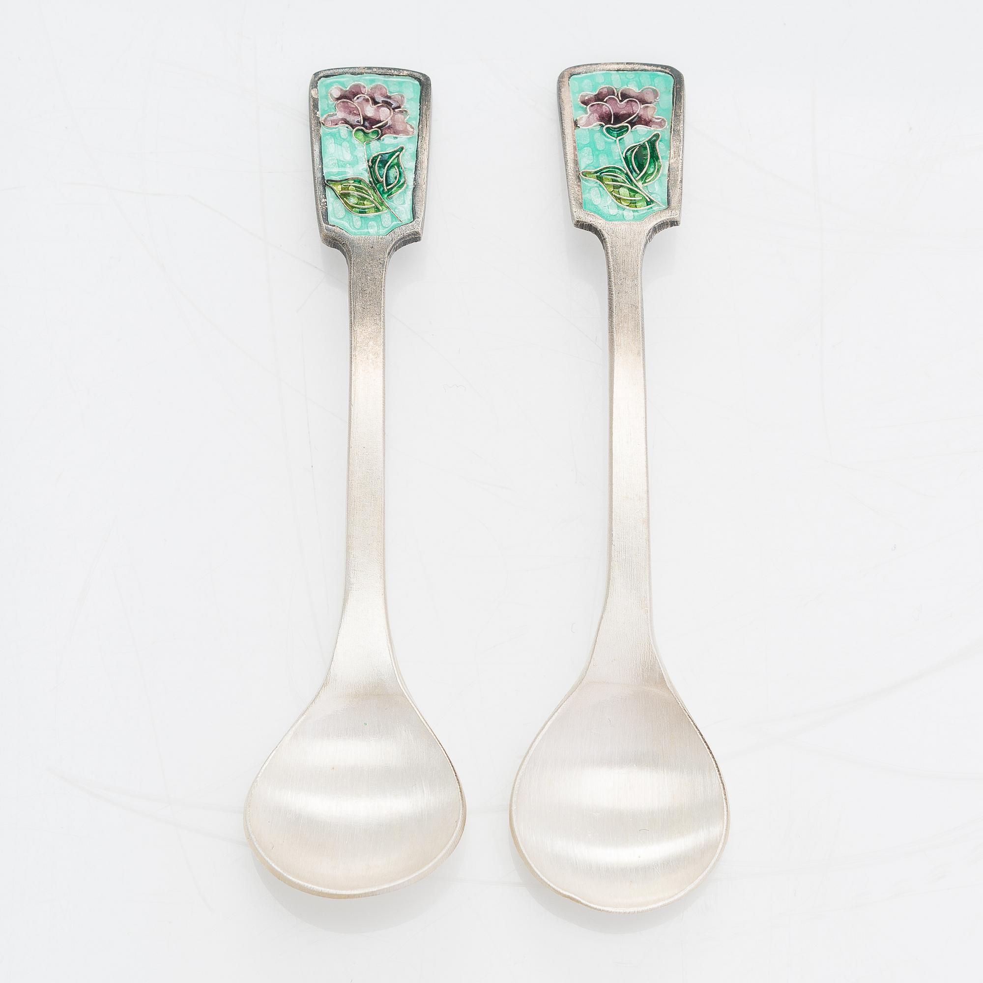 A Korean silver and enamel cruet stand, latter half of the 20th century.