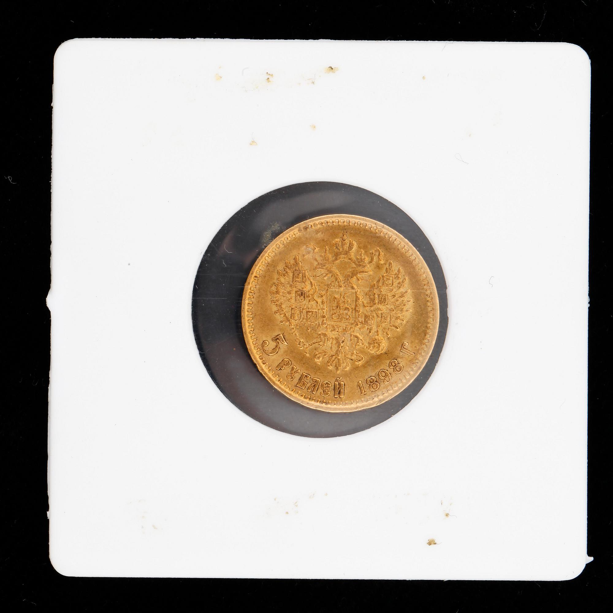 MYNT, guld, 5 rubel, Nikolaj II, Ryssland, 1898. Vikt ca 4,3g.