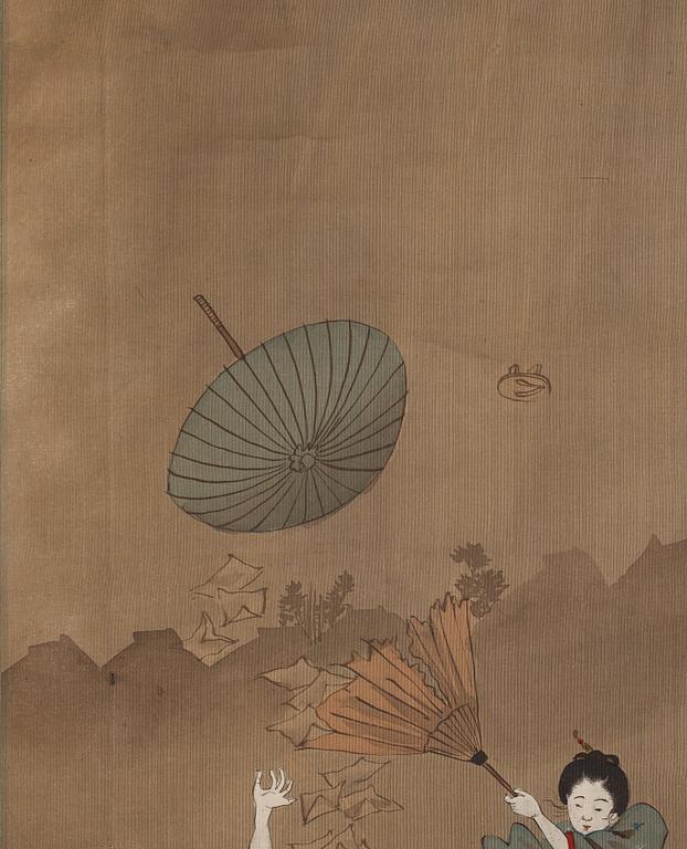 RULLMÅLNINGAR, sex stycken, tusch och färg på papper. Japan, Meiji (1868-1912).