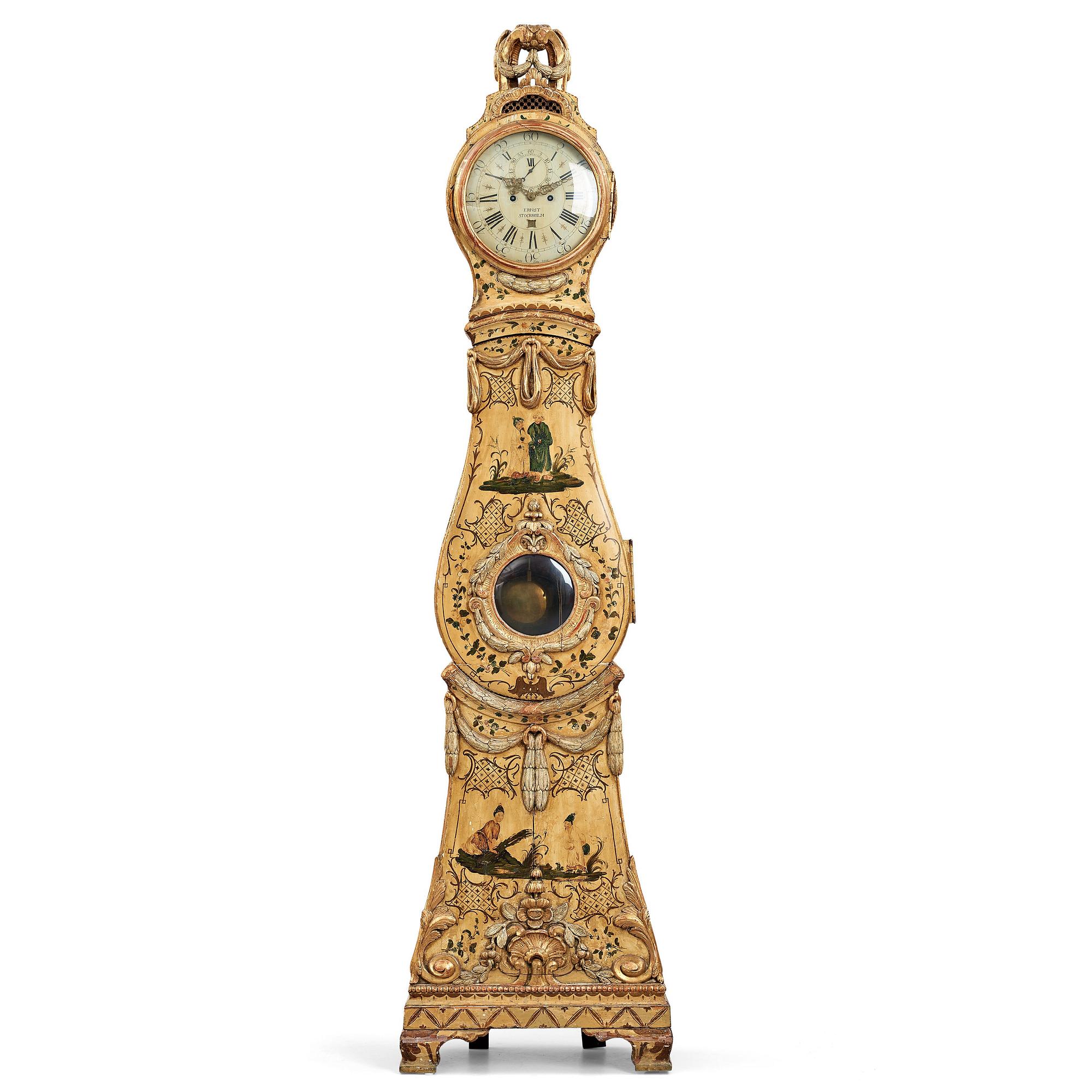 A Gustavian longcase clock by Petter Ernst (active in Stockholm 1753-1784), before 1776.
