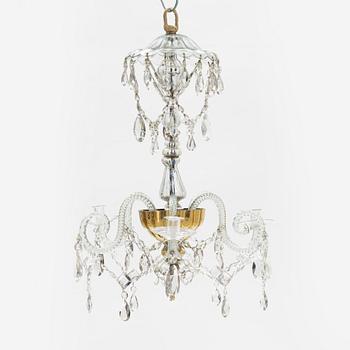 A European glass three-light chandelier, circa 1800.