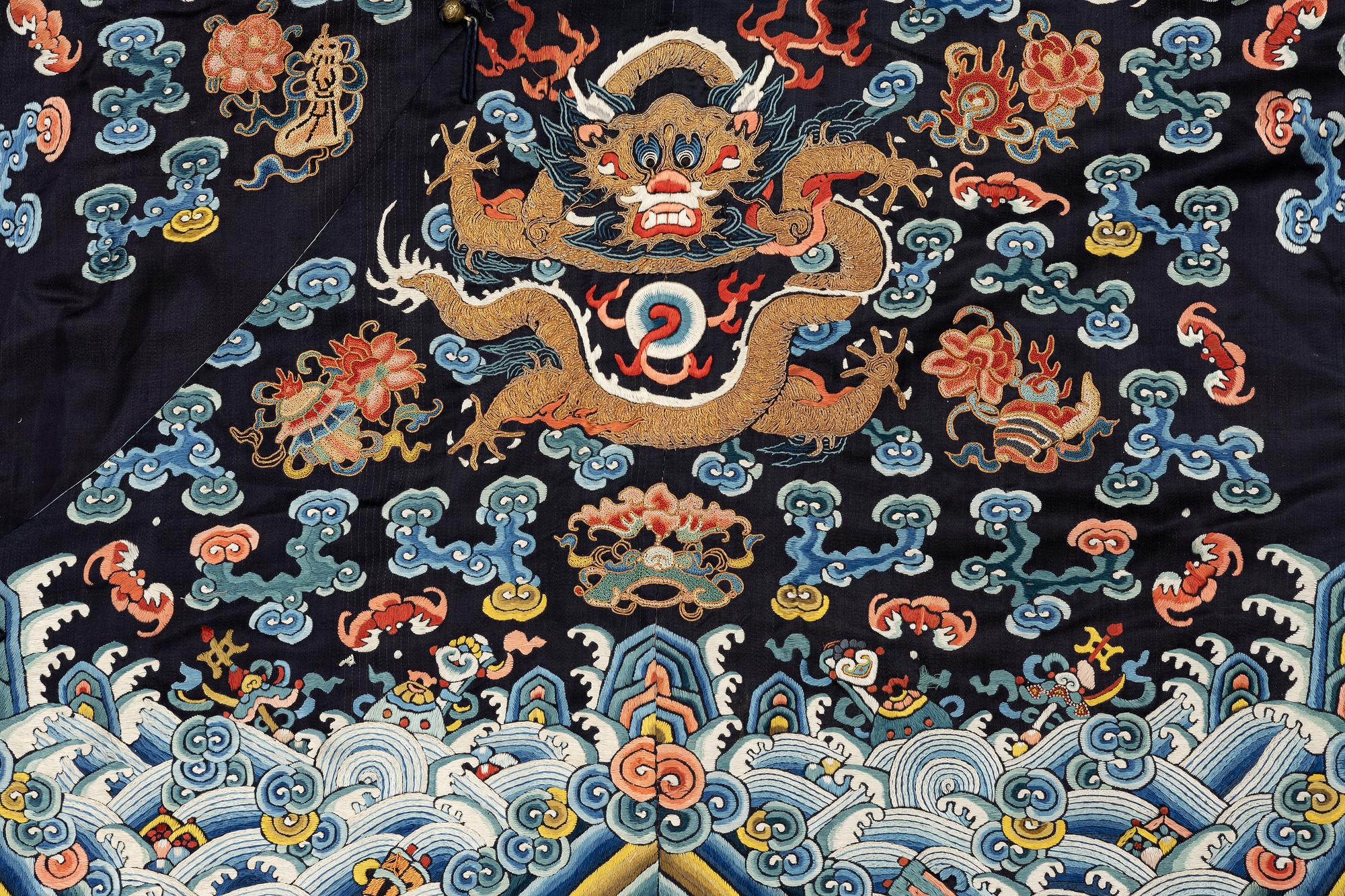 A midnight blue silk 'Chao Pao'/ceremonial robe, Qing dynasty, 1850's.