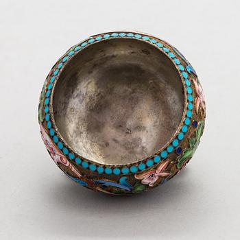 A salt cellar, mark of D. Nikitin, and 2 spoons, poss. P. Abrosimov and M. Andreyevna, enamel, silver. Moscow 1899-1908.