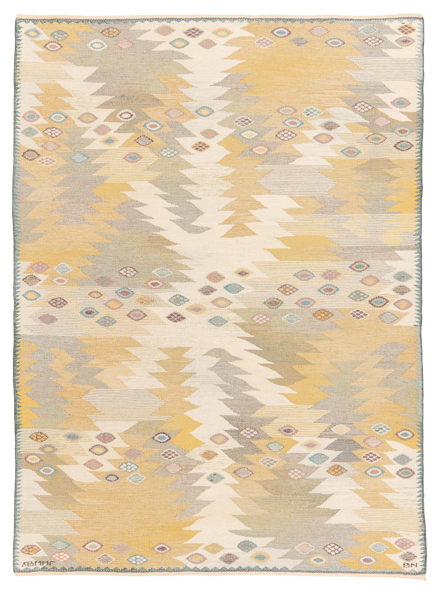 Barbro Nilsson, matto, "Tånga ljus", flat weave, ca 226,5 x 163-164 cm, signed AB MMF BN.