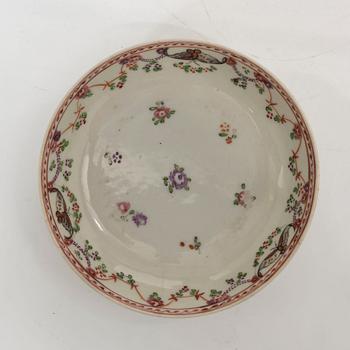 A set of five famille rose tea cups, Qing dynasty, 18th century and a bowl, Qing dynasty, 19th century.