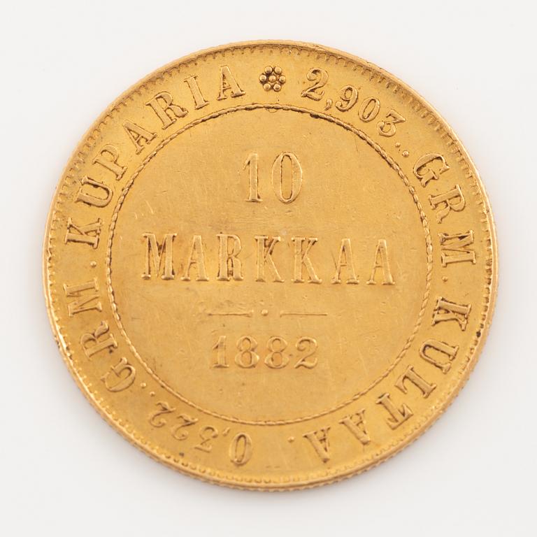 A goldcoin, Finland, Russian Duchy, 10 Markkaa, 1882.