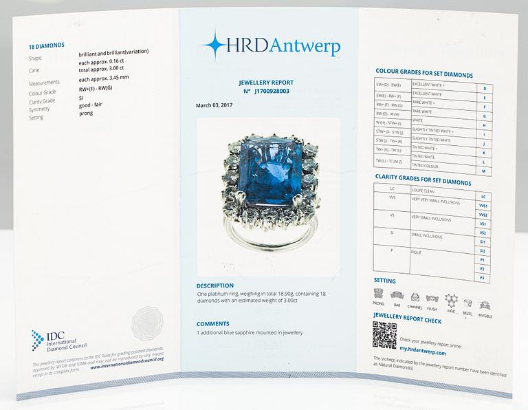A platinum ring with a ca. 18.00 ct sapphire and ca. 3.00 cts of diamonds. With certificates.
