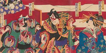 Toyohara Kunichika, Triptych, woodcut, Japan.