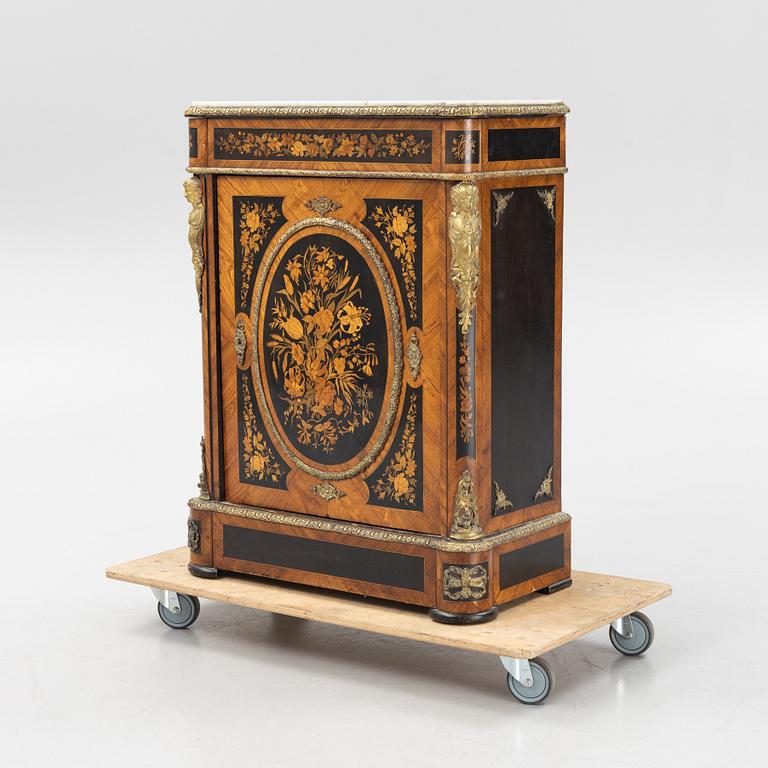A Napoleon III ebonised, marquetry, and marble cabinet, later part of the 19th century.