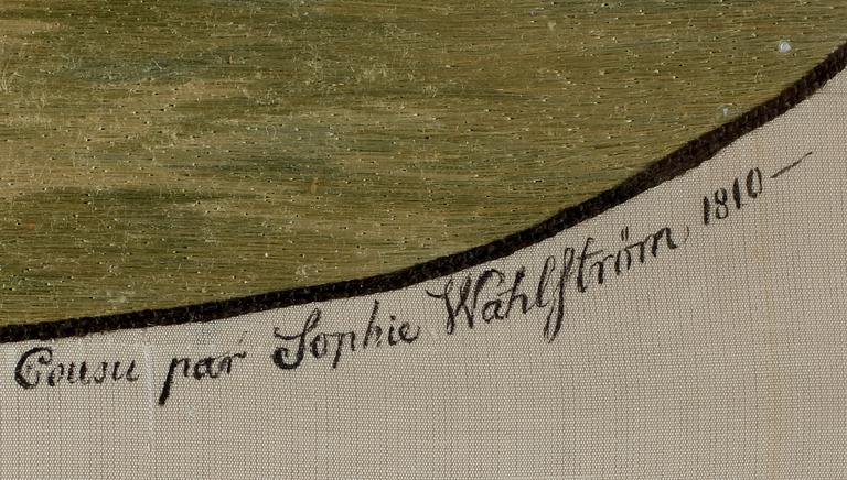 OKÄND KONSTNÄR, broderi och måleri på siden, signerad Sophie Wahlström, daterad 1810.