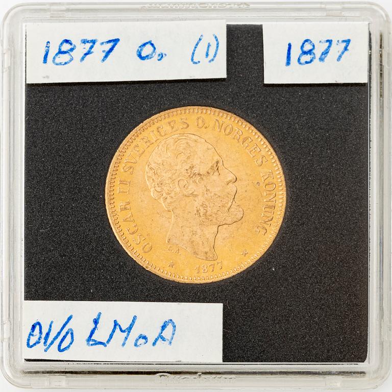 Gold coin, Oscar II, 20 kr, type II, Sweden 1877.