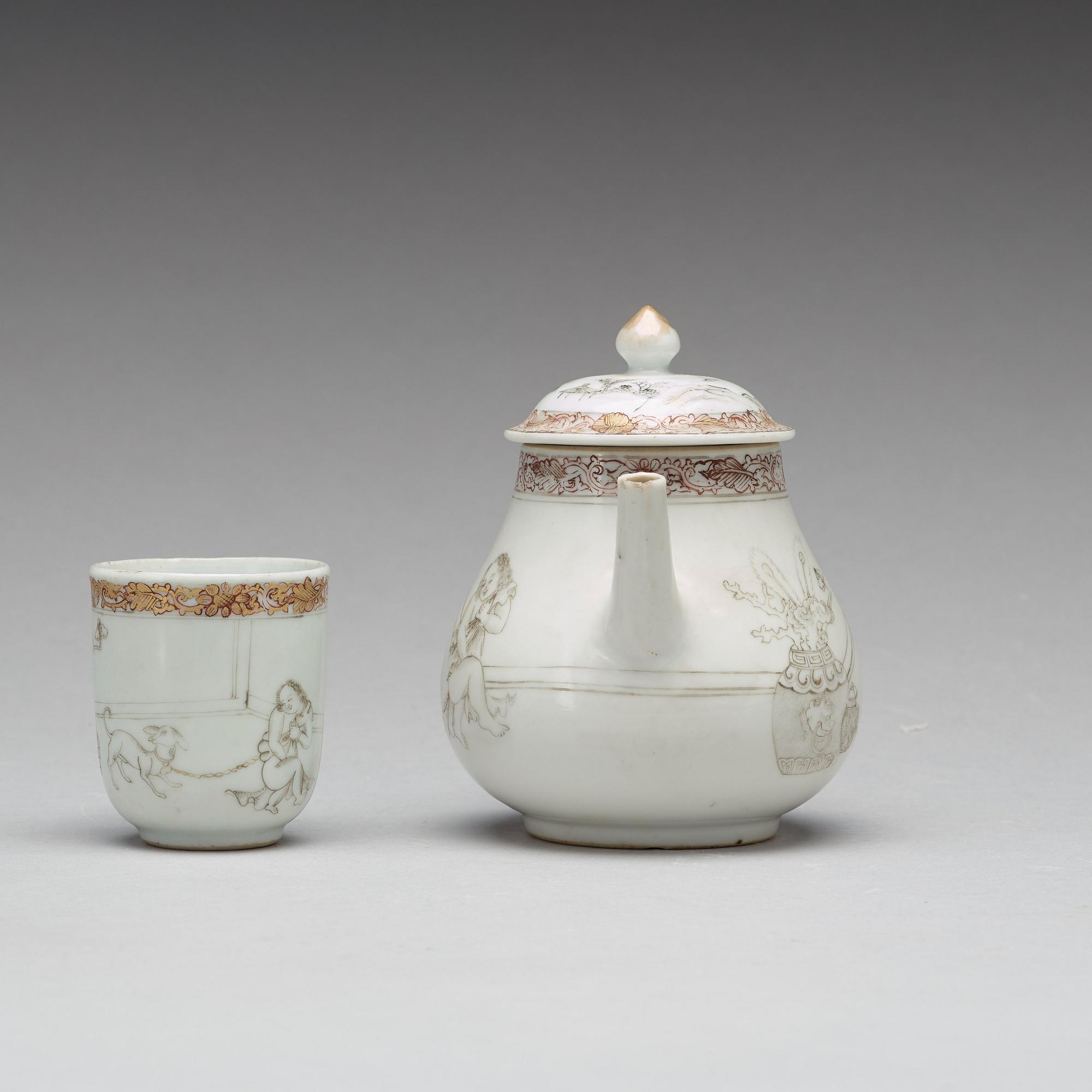 A grisaille and gold tea pot with cover and cup, Qing dynasty, Yongzheng (1723-35).