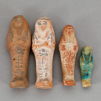 USHEBTI, 4 st, lergods, fajans, Egypten, troligen Nya riket och Sentid ca 1550-332 f Kr.