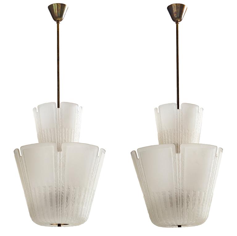 Böhlmarks, a pair of Swedish Modern blasted glass ceiling lights, circa 1938.