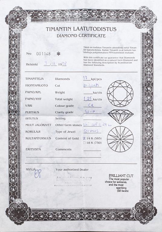 A 14K white gold ring with a sapphire ca. 1.24 ct and diamonds ca 1.25 ct in total. Finnsh import marks 1994.